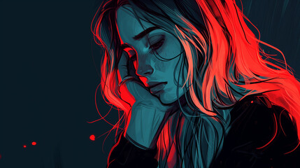Illustration with high contrast featuring a close-up of a young teenager appearing depressed with her hand resting on her face.
