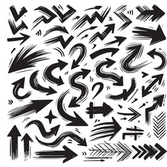 A Collection of Scribble Arrow Strokes in Varied Sizes and Directions, Black brush stroke arrow set.