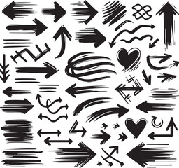 A Collection of Scribble Arrow Strokes in Varied Sizes and Directions, Black brush stroke arrow set.