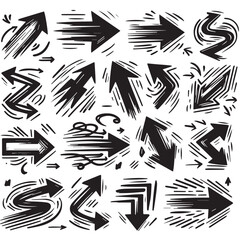 A Collection of Scribble Arrow Strokes in Varied Sizes and Directions, Black brush stroke arrow set.