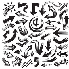 A Collection of Scribble Arrow Strokes in Varied Sizes and Directions, Black brush stroke arrow set.