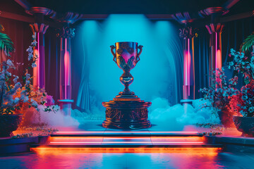 esport trophy is on the stage in front of a glowing stage - obrazy, fototapety, plakaty