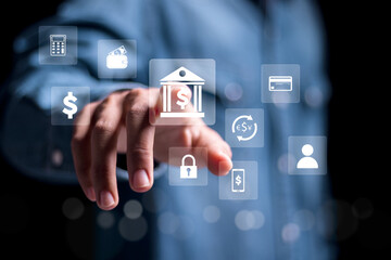 Online banking concept. Person touching financial services diagram on virtual screen. online shopping, Finance and banking network. currency exchange.