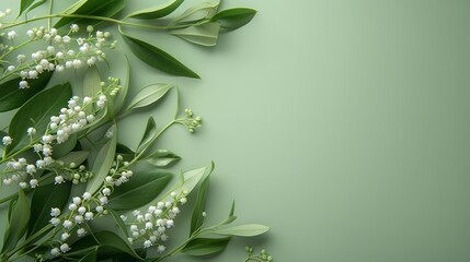 Green leaves and white flower lily valley background in a green surface with empty space, Generative AI. - obrazy, fototapety, plakaty