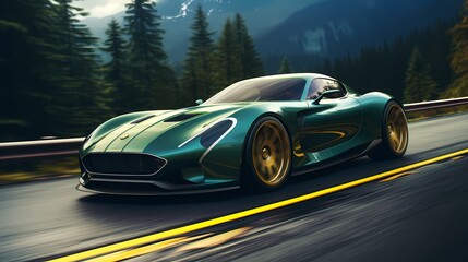 A green modified sports car featuring custom alloy wheels, gliding effortlessly on the track with a touch of elegance - obrazy, fototapety, plakaty