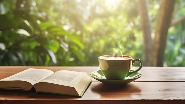 black coffee cup with a book on light wooden table. cup of tea on the table. seamless looping overlay 4k virtual video animation background 