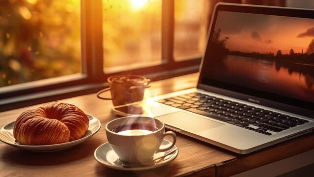 Agung 4 20240205 breakfast with a cup of warm coffee on the table. seamless looping overlay 4k virtual video animation background 