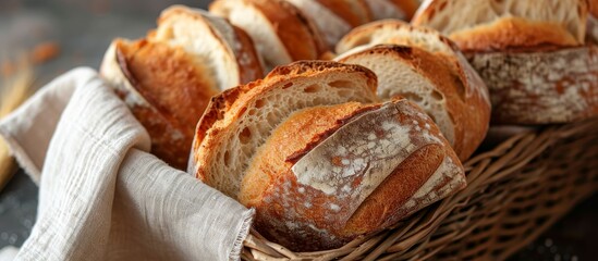 Artisan sourdough bread slices in a bread basket close up.
