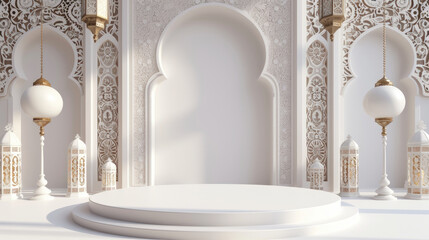 Empty white podium with a luxury Islamic background surrounded by traditional lanterns. Ramadan celebration concept