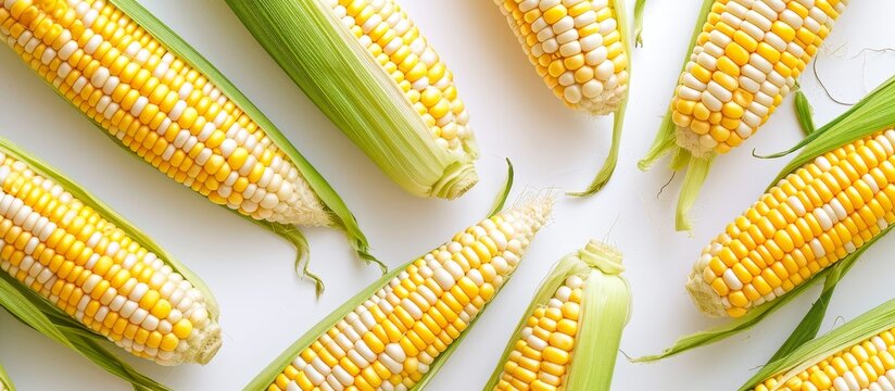 Fresh white corn seen from above on a white background.