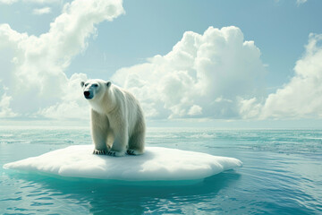 Global warming's impact. Polar bear on a lone ice floe in a tropical sea, bewildered - obrazy, fototapety, plakaty