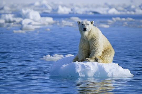 Global warming's impact. Polar bear on a lone ice floe in a tropical sea, bewildered