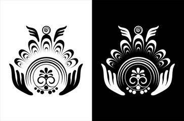 Indian Traditional Floral Rangoli design isolated on black and white background - vector illustration