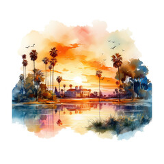 California sunset in watercolor, citycore, in the style of digital painting - obrazy, fototapety, plakaty