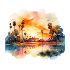 Fotobehang California sunset in watercolor, citycore, in the style of digital painting © Chom