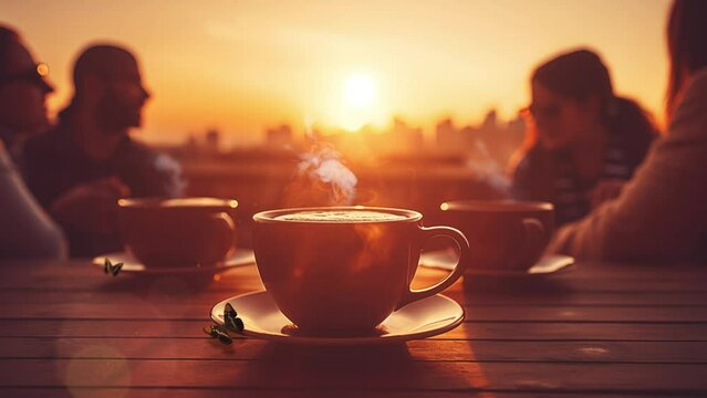 friends drinking coffee in sunset sunrise. seamless looping overlay 4k virtual video animation background 