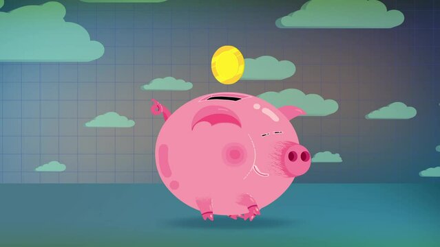 Piggybank with empty coin on sky background. Business animations series. Business flat style piggy bank saving money.
