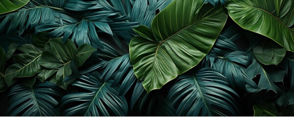Turquoise Tropical Leaves Banner. Generative AI