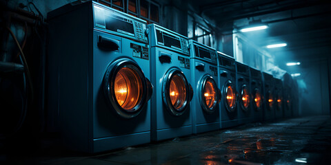 A row with a modern washing machines public laundry background  