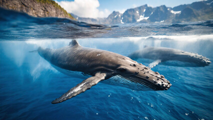 Obraz premium Humpback whales swimming in the ocean. Underwater scene.