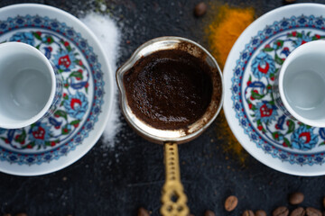Coffee Pot (Cezve) and Turkish Coffee (Turk Kahvesi) in the Middle of Coffee Beans Photo, Uskudar Istanbul, Turkiye (Turkey)