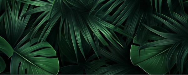 Dark Green Tropical Leaves Banner. Generative AI