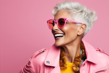 Portrait of a beautiful smiling middle-aged woman in pink sunglasses and a pink jacket. Pink...