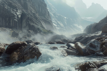 Rapid mountain stream rushing through rocky terrain