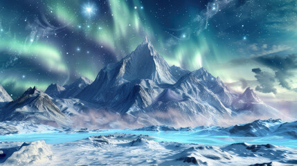 Majestic mountains under the winter sky with the aurora borealis