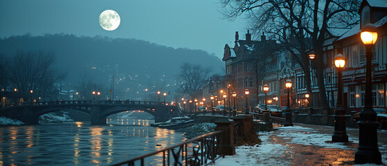 nighttime view of a river with a bridge and a full moon