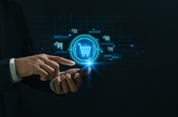 Virtual AI online shopping concept. E-commerce, Global business, shopping on internet, order in online store, shopping on internet, internet banking, transaction and digital marketing.