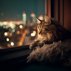 A cat curled up on a windowsill with city lights in the background.