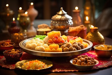 Deepavali cookies on a plate and table, surrounded by delicious sweet treats like maruku, ladoo and biscuits