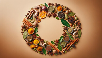 Aromatic Spices and Herbs Circle Composition