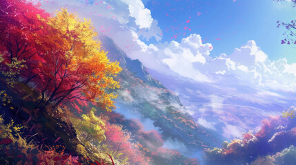 Fototapeta na wymiar Colorful foliage covering the majestic mountain slopes in autumn