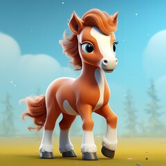 flat logo of Cute baby horse with big eyes lovely little animal 3d rendering cartoon character