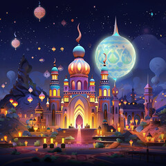 Fototapeta premium cartoon illustration of a fantasy castle with a full moon in the sky