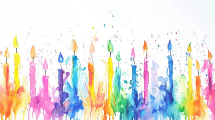 A watercolor celebration: multicolored birthday candles on white