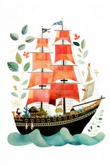 Pirate ships and sail in watercolor style on white background Created with Generative AI technology.