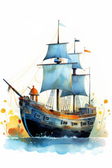 Pirate ships and sail in watercolor style on white background Created with Generative AI technology.