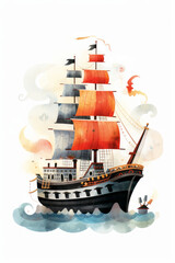 Pirate ships and sail in watercolor style on white background Created with Generative AI technology.