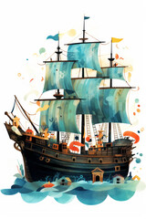 Pirate ships and sail in watercolor style on white background Created with Generative AI technology.