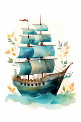 Pirate ships and sail in watercolor style on white background Created with Generative AI technology.