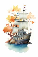 Pirate ships and sail in watercolor style on white background Created with Generative AI technology.
