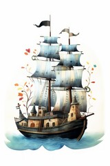 Naklejka premium Pirate ships and sail in watercolor style on white background Created with Generative AI technology.