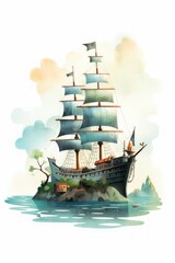 Pirate ships and sail in watercolor style on white background Created with Generative AI technology.