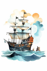 Pirate ships and sail in watercolor style on white background Created with Generative AI technology.