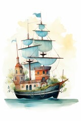Pirate ships and sail in watercolor style on white background Created with Generative AI technology.