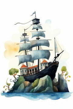 Pirate ships and sail in watercolor style on white background Created with Generative AI technology.