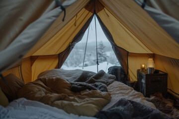 Warm and inviting tent interior during stormy weather